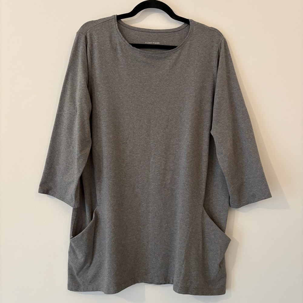 Eileen Fisher Organic Cotton Tunic Gray L Minimalist Lagenlook Stretch Pockets